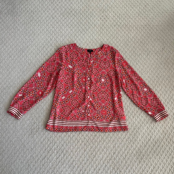 Talbots Split Neck Geometric Print Long Sleeve Blouse Coral/Pink MP Lightweight - Picture 1 of 12